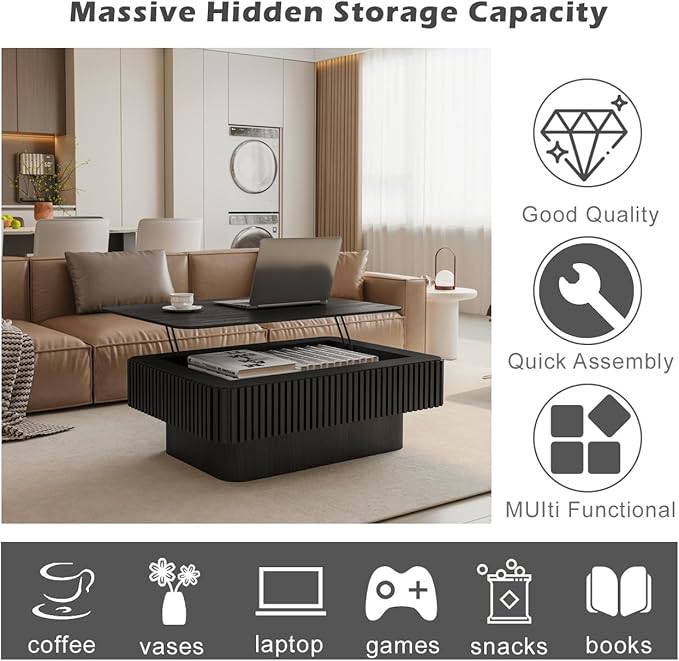 Lift Top Coffee Table with Storage, Solid Wood Coffee Table with Adjustable Height, Fluted Center Table Accent Tea Table for Living Room, Apartment, Office (38.6" Black)