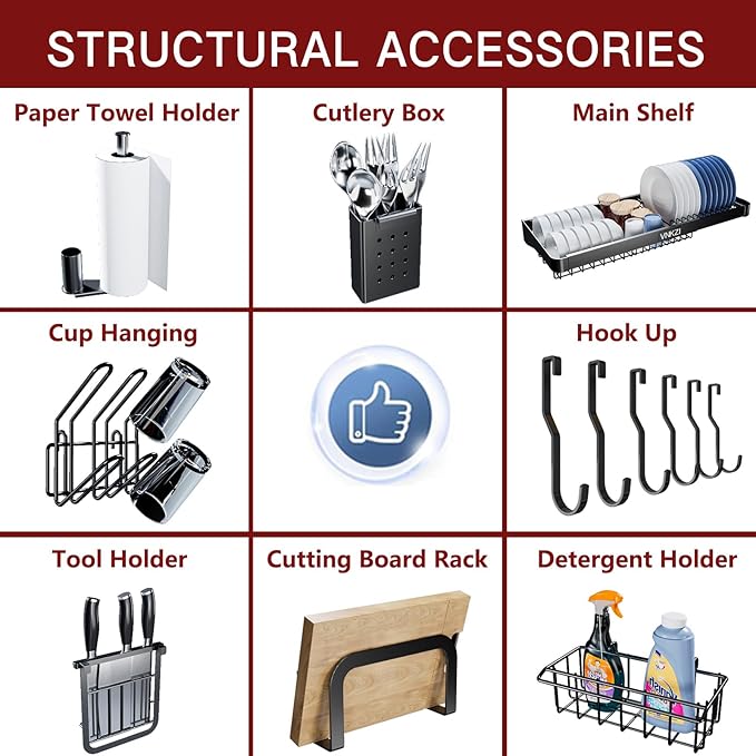 VNKZI Over Sink Dish Drying Rack, 2 Tier Stainless Steel Storage Adjustable Length (25.98'' to 36.61'') Kitchen Rack, Multifunctional Expandable Counter Organizer, Space Saver Dish Rack