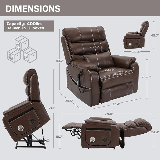 Power Lift Recliner Chair for Adults Elderly Lay Flat Leather Recliners with Massage Heating, Extended Footrest, Wireless Charging Device, USB Ports, Cup Holder, Lumbar Pillow, Up to 400LBS