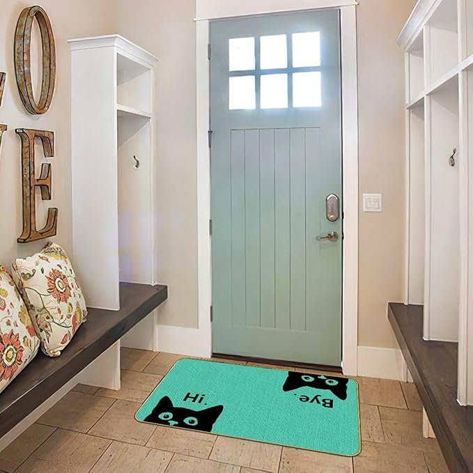 Mingnei Hi Bye Cat Welcome Doormat for Home Kitchen Entrance, Funny Black Cat Lover Floor Mat for Indoor/Outdoor Entryway Rug 30x17 (Green)