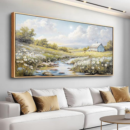 PHAOHUAXM Wall Art For Living Room Large Canvas Wall Decor For Bedroom Flower Watercolour Painting Office Decoration Countryside Scenery Mural Artwork Ready To Hang Home Decor 24x48 In Wood Framed