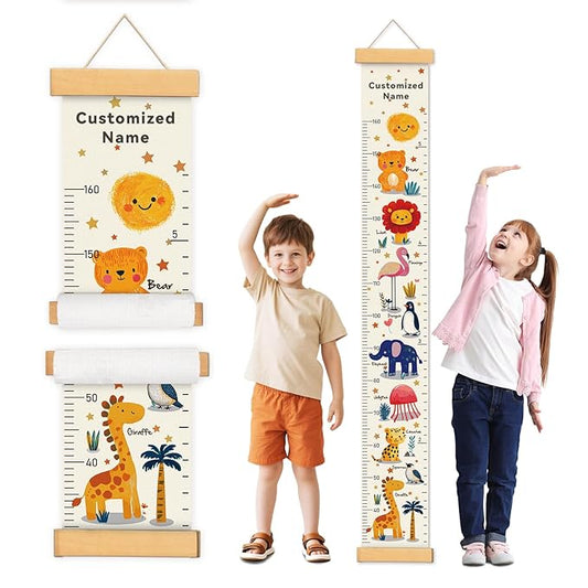 Personalized Name Growth Chart Wall Decor for Kids – Canvas Removable Height Chart Measuring Ruler 59" x 7.9" (Animals)