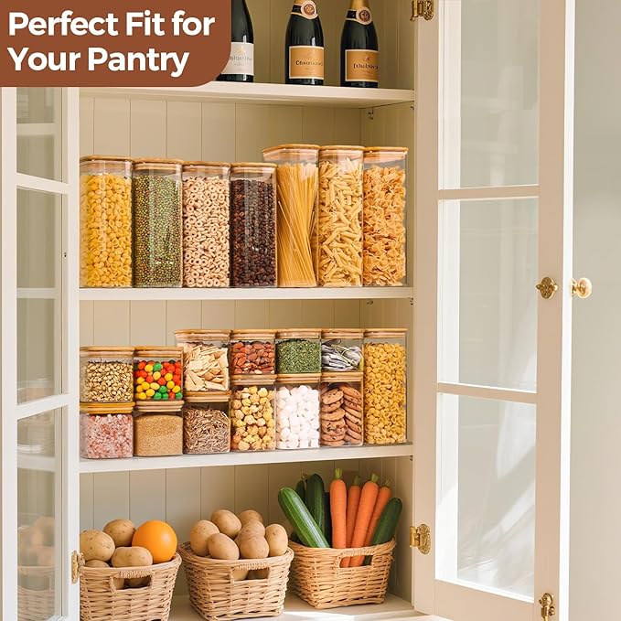 ComSaf 1.2 Qt Glass Storage Containers with Lids, Glass Jars with Lids, Clear Food Storage Jar, Square Canister Set of 9, Pantry Organizers and Storage for Cookie Flour Oat Pasta Tea Coffee Bean