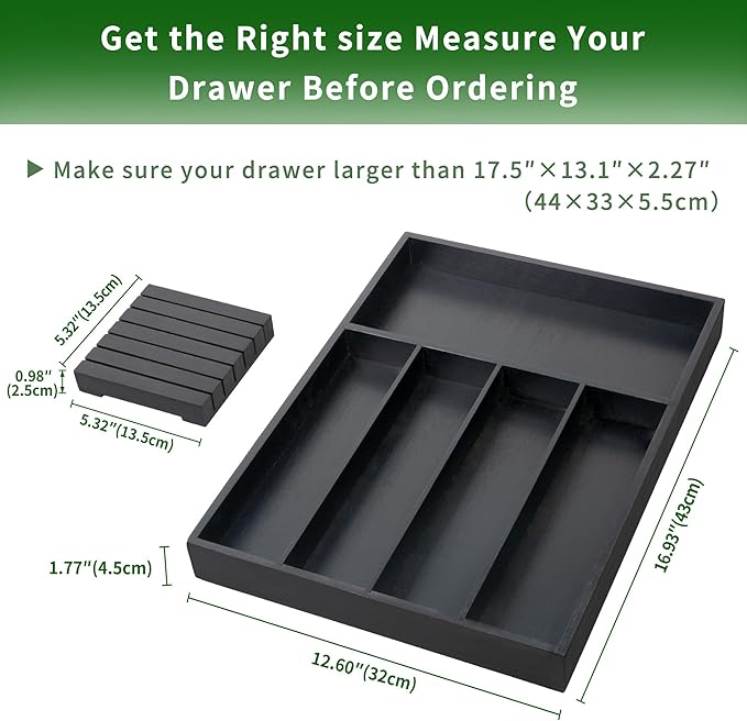 VaeFae Bamboo Silverware Organizer, Utensil Holder for Drawer, Wooden Cutlery Tray with Divider for Kitchen Drawer, Utensil Organizer with Knife Block(Black)
