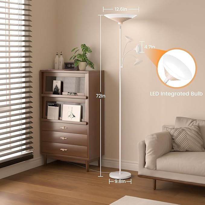 Torchiere Floor Lamp with Wood Grain Shade, 72" Dimmable LED Standing Lamp with Remote, 2-in-1 Floor Reading Lamp with Color Changing, 34W White Corner Lamp for Living Room Bedroom Office