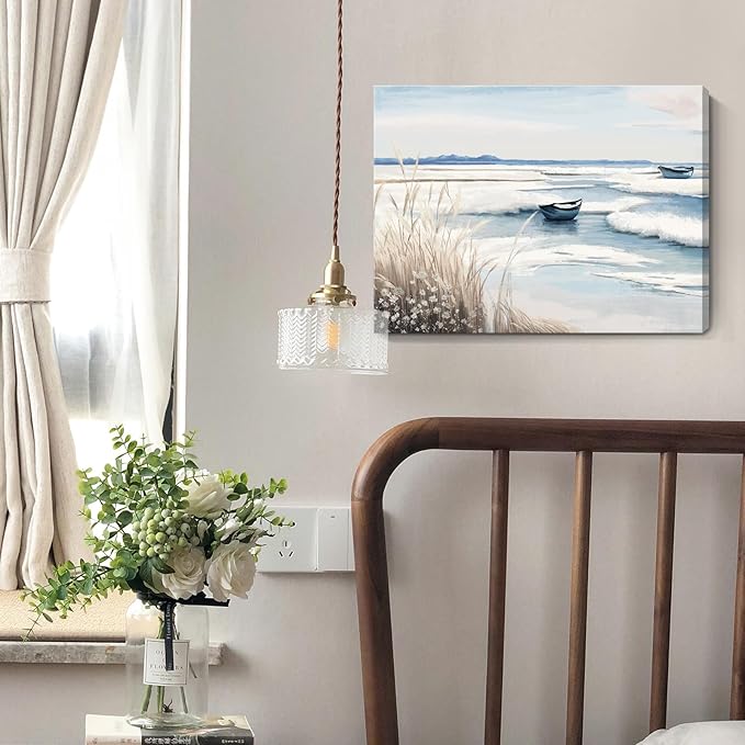 amatop Coastal Wall Art - Nautical Ocean Canvas Print with Light Blue & White Seascape, Boat, Reeds - Beach Picture for Modern Farmhouse, Lake House, Bedroom, Bathroom, Beach-Themed Artwork,16x12