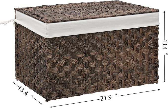 Wicker Storage Basket with Lid, 17.2 Gallon (65L) Small Blanket Basket with Lid, Woven Storage Bin with Handles, Removable Liner, Metal Frame, Foldable, for Bedroom, Laundry Room, Brown