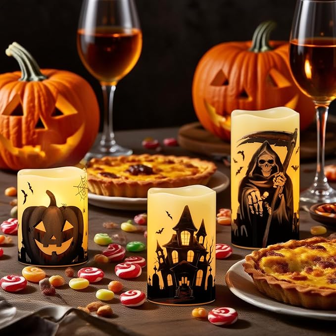 Wondise Halloween Flameless Flickering Candles with 6 Hour Timer, Battery Operated Real Wax Halloween Candles Set of 3 Halloween Decoration Grim Reaper, Haunted House, Pumpkin (3 x 4 5 6 Inch)