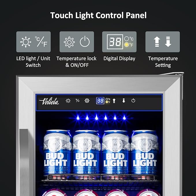 15'' Beverage Refrigerator and Beer Fridge Under Counter Built-in or Freestanding,127 Cans Beverage Cooler with Glass Door and Lock for Bottles and Cans Beer/Soda/Water/Wine