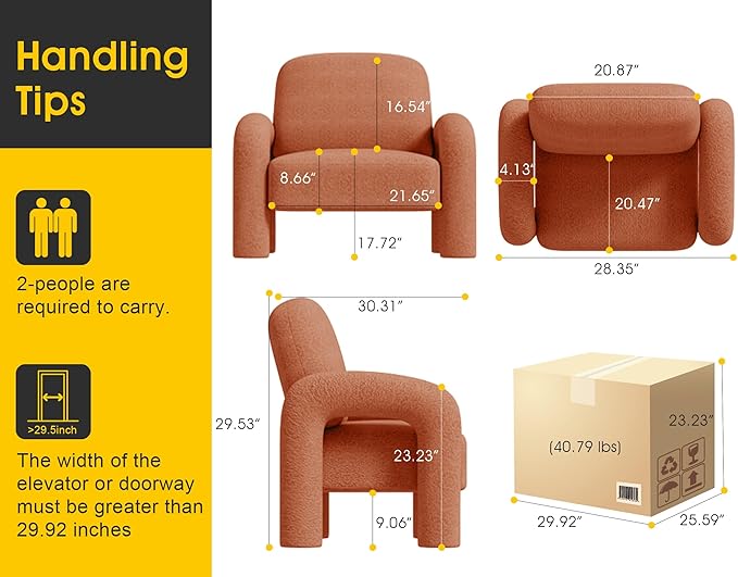 Modern Sherpa Accent Chair, Teddy Upholstered Arm Single Sofa, Cozy Fluffy Reading Chair for Living Room, Bedrooms, Corner (Orange)