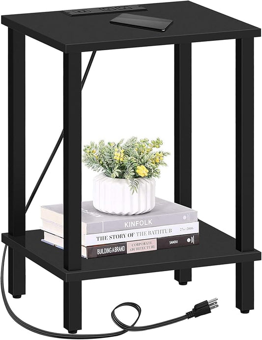 TUTOTAK End Table with Charging Station, Side Table with USB Ports and Outlets, Nightstand, 2-Tier Storage Shelf, Sofa Table for Small Space TB01BK040