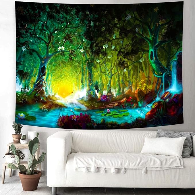 Delur Fantasy Forest Tapestry Mystical River Enchanted Magical Fairy Tale Tree Tapestry Sunrise Landscape Sunset Nature Psychedelic Wall Hanging Headboard for Bedroom Living Room Home Decor (59.1" x 78.7")