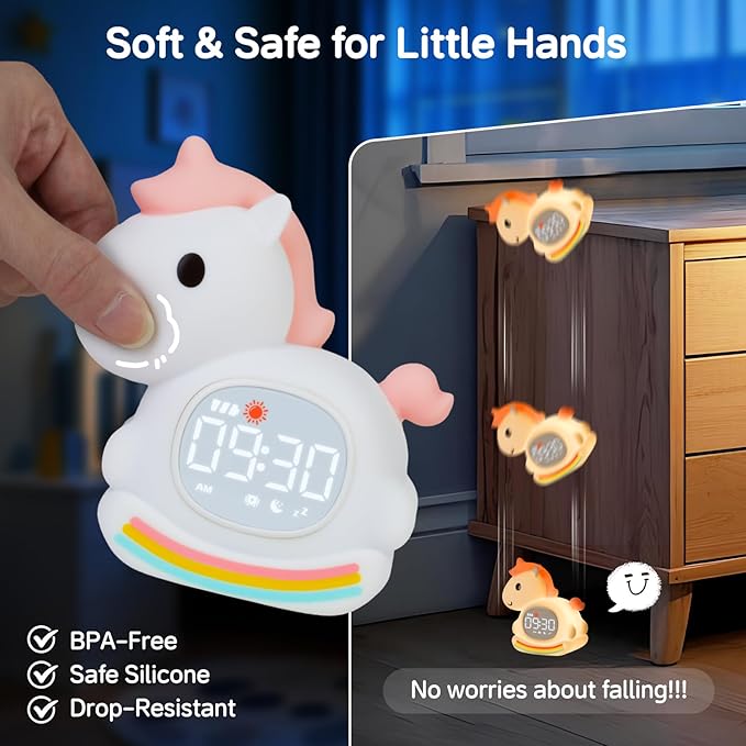 Cute Alarm Clock for Kids with Night Light, Sleep Training Clock Time to Wake Clock, Rechargeable Silicone Light for Bedroom, Perfect Sleep Companion for Boys Girls, Pink Pony