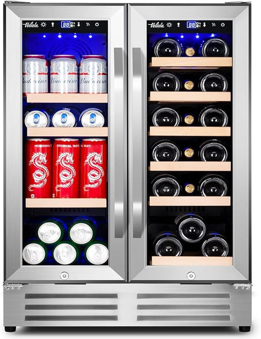 Wine and Beverage Refrigerator, 24 Inch Dual Zone Fridge with Glass Door, Built-In Cooler with Powerful and Quite Cool System/18 Bottles and 88 Cans Capacity Bverage Cooler