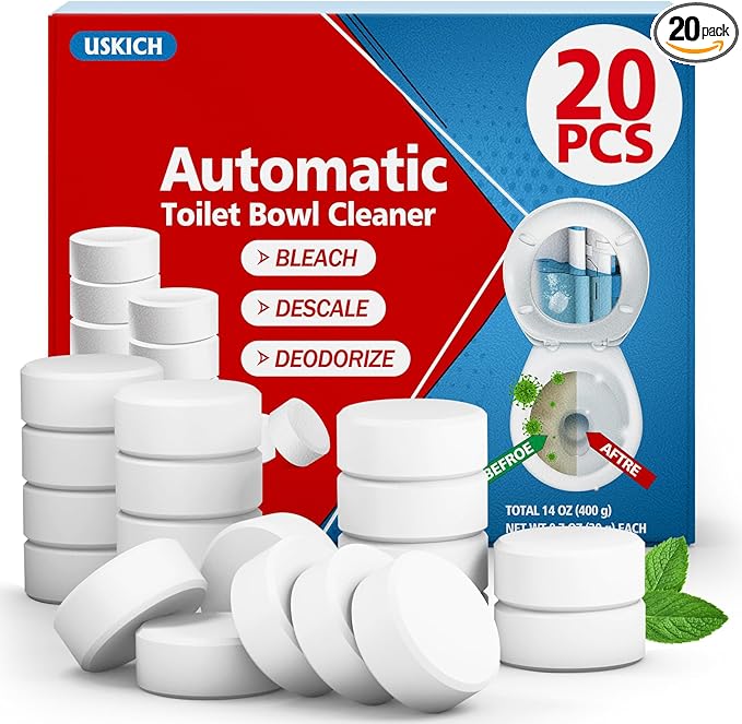 USKICH Toilet Bowl Cleaner Tablets 20 PACK, Bathroom Automatic Toilet Tank Cleaners with Bleach, Slow-Releasing Household Toilet Cleaners for Deodorizing, Descaling, against Tough Stains
