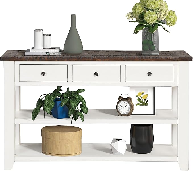 Solid Wood Console Table,Sofa Table with Storage Drawers and Bottom Shelf,Entryway Table for Entry Hallway Foyer Sofa Couch Table,Fully Assembled (48.8" Antique White)