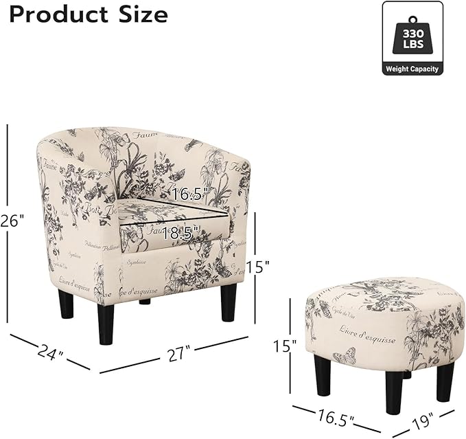 INZOY Modern Accent Chair with Ottoman for Small Space, Club Chair with Ottoman Set, Comfy Fabric Barrel Reading Chairs for Living Room Bedroom, Round Reading Chair with Foot Rest, Flower Pattern