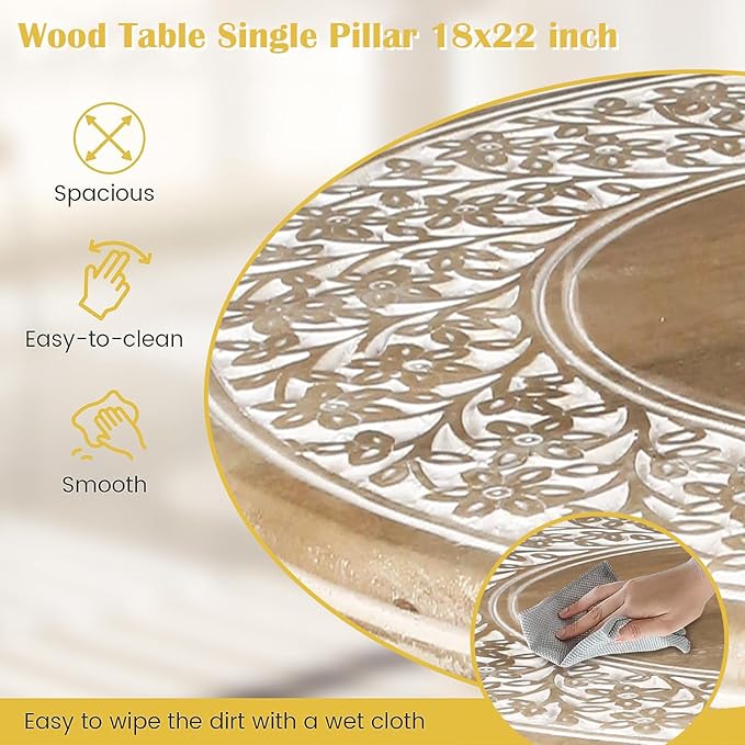 Lightnpro Carved Round End Table with Single Pillar - Handcrafted Accent Bedside Nightstand Side End Table for Living Room, Entryway, Vintage Desk for Books, Plants & Décor - 18x22 Inch - White Wash