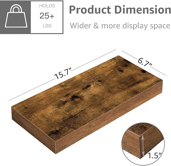 QEEIG Floating Shelves for Wall Bathroom Shelf Bedroom Kitchen Living Room Farmhouse Small Book Shelf 16 inch Set of 4, Brown (015-BN4)