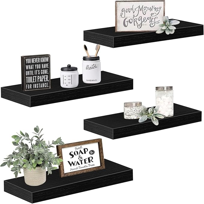 QEEIG Floating Shelves for Wall Bathroom Shelf Bedroom Kitchen Living Room Farmhouse Small Book Shelf 16 inch Set of 4, Black (015-B4)