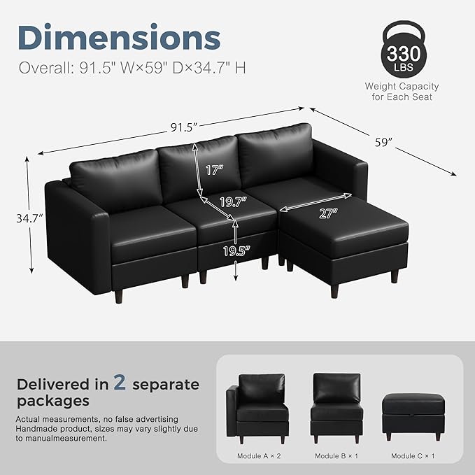 91.5" Faux Leather Modular Sectional Sofa, L Shaped Couch Set for Living Room, 3-Seater Comfy Cloud Couches with Movable Storage Ottoman,DIY Combination - Black