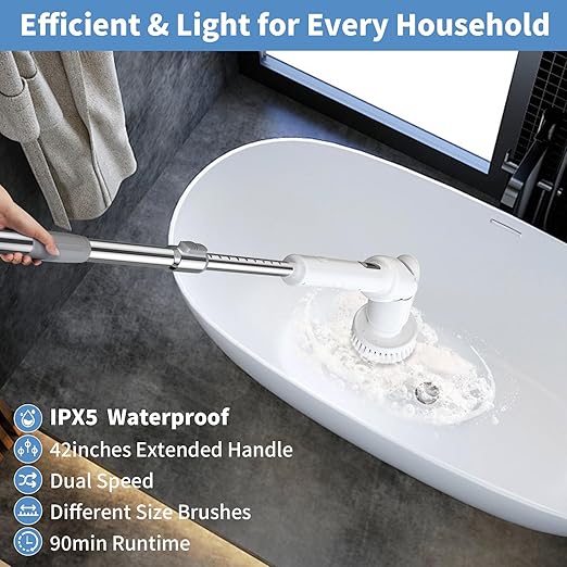 Electric Spin Scrubber - Cordless Cleaning Brush with Digital Display, 2 Speeds, 8 Brush Heads, IPX7 Waterproof, Adjustable Long Handle for Bathroom, Tub, Tile, Shower, and Car(Grey)