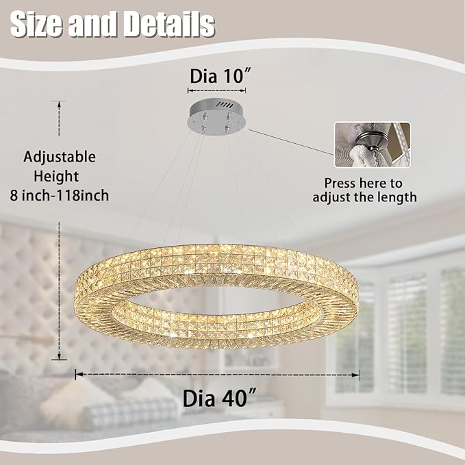 Dia 40" Modern Crystal Chandelier Light Fixtures Silver Luxury Chandeliers for Dining Room Round Hanging Pendant Lighting for Living Room Kitchen Entryway Bedroom