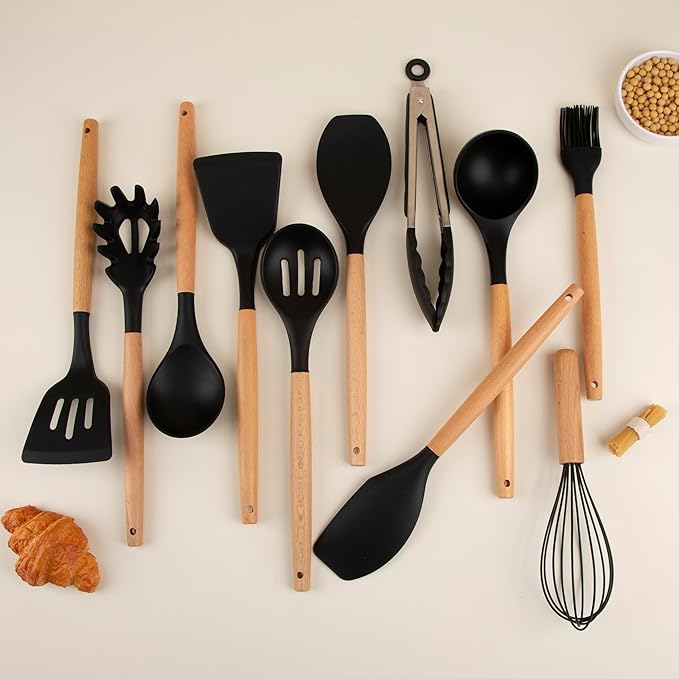 Silicone Cooking Utensils Set, Premium Beech Wood Handle Kitchen Gadgets Utensil Set, Non-Stick Kitchen Utensils Spatula, Tongs, Turner, Whisk, Brush, Spoon, BPA FREE, 446°F Resistant (Black)