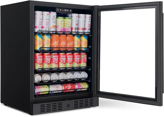 Newair 24" Beverage Refrigerator 177 Can Capacity, Black Stainless Steel Mini Fridge with Built-in Cooler and Glass Door, Cool your Soda, Beer, and Beverages to 37F