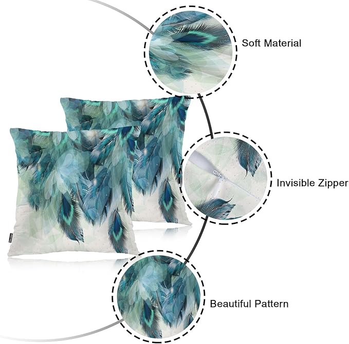 Swono Peacock Feather Throws Pillows Covers for Couch, Abstract Peacock Feathers Blue Decorative Pillow Cases for Men Women, Comfortable Pillow Cushion Cover Pack of 2 18"X18" for Home Sofa Bed