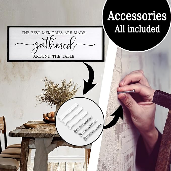 The Best Memories are Made Gathered Around The Table Sign Framed Wall Art, 32''×12'' Rustic Horizontal Plaque with Black Frame for Dinning Living Room, Farmhouse Long Home Family Wood Sign Wall Decor
