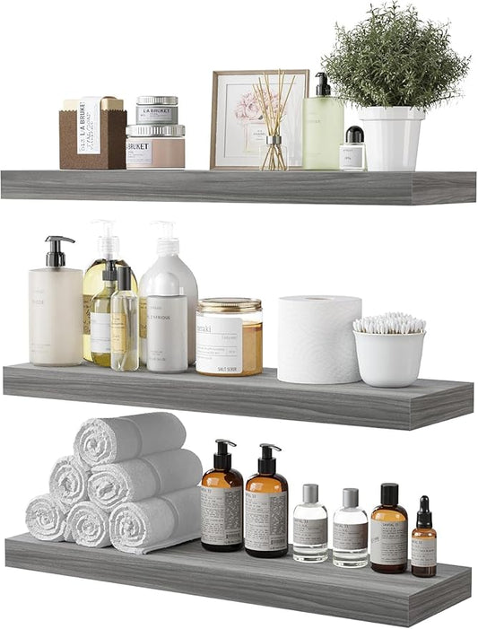 BAMEOS Floating Shelf,Wall Shelf,Decor Wall Mounted Shelves,Hanging Shelf Set of 3,L24xW6 for Bathroom Kitchen Living,Kitchen,Room Bedroom Storage,Walnut