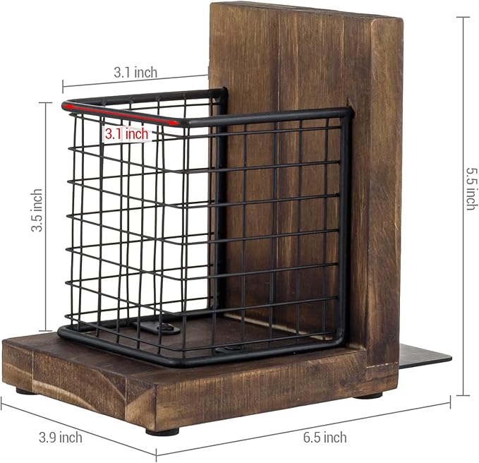 MyGift Rustic Burnt Wood Decorative Bookends for Heavy Books with Matte Black Metal Wire Basket Pencil Cup and Office Supplies Storage Baskets, 1-Pair
