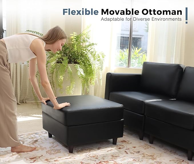 91.5" Faux Leather U Shaped Modular Sectional Sofa, 5 Seater Couch with Movable Ottoman Deep Seat and Storage Seat with Removable Cover for Living Room, Apartment - Black