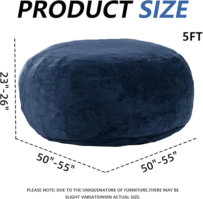 5FT,Big Bean Bag Chairs for Adults,Large beanbag with Filler Included,Memory Foam Material,Easy to Clean and Washable Corduroy Fabric,Suitable for Living Room and Bedroom (Blue, 5 Foot)
