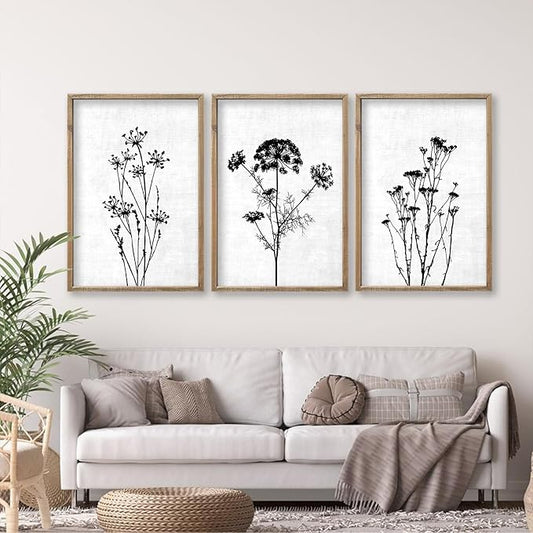 Flower Plant Wall Art Decor 16"x11" Set of 3 Black And White Botanical Painting Wood Framed For Minimalist Bedroom Office Rustic Living Room Abstract Wildflower Sign Hanging (Wood White)