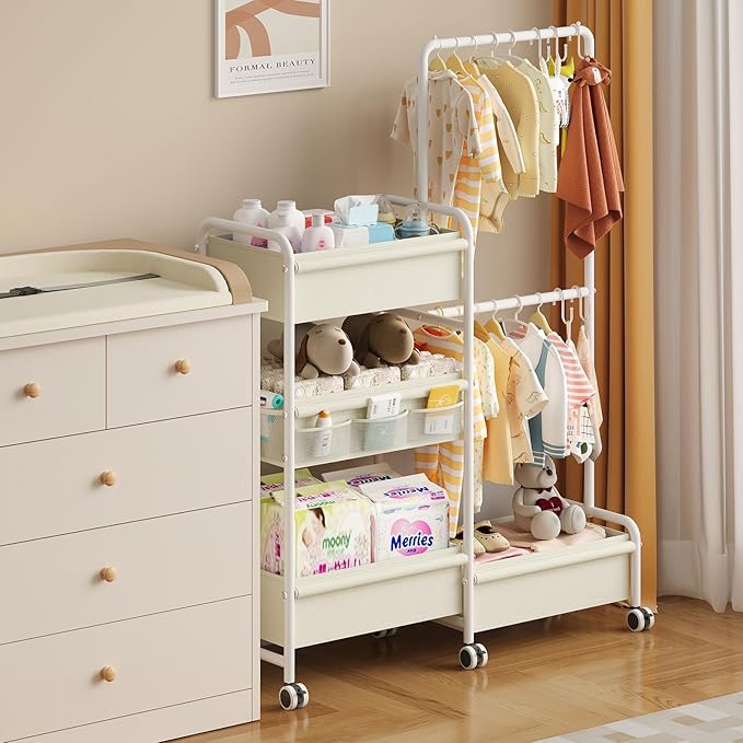 2in1 Baby Diaper Caddy & Clothes Organizer and Storage Rolling Cart, Large Capacity Nursery Organization For Baby Dresser,Changing Table, Crib, With 2 Dividers & 7 Pockets,White