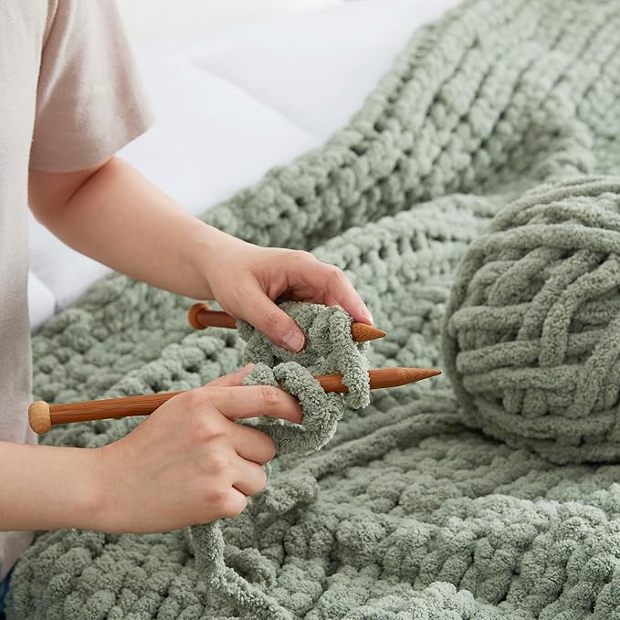 Amélie Home Chunky Knit Throw Blanket for Couch, Soft Chenille Crochet Blanket for Children, 40"x50", Sage Green