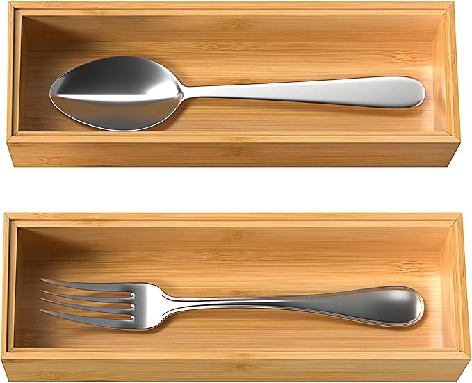 Silverware Tray for Drawer, Stackable Kitchen Bamboo Drawer Organizer 9" x 3" x 2" Set of 2