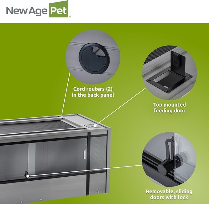 New Age Pet ECOFLEX 60-Inch Mojave Reptile Lounge in Grey- Durable, Moisture-Resistant Wood Plastic Composite Habitat with Vented Side Panels, Removable Sliding Glass Doors & Lock