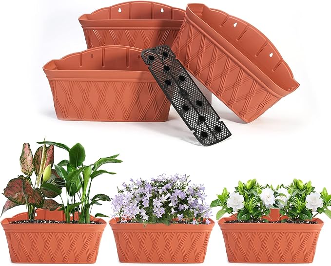 Sungmor 3 Pack Wall Hanging Planters, 16.5 Inch Railing Fence Hanging Flower Pots, Thickened Plastic Water Storage Plant Pot, Indoor Outdoor Garden Balcony Decor, Large Terracotta Color Plant Basket