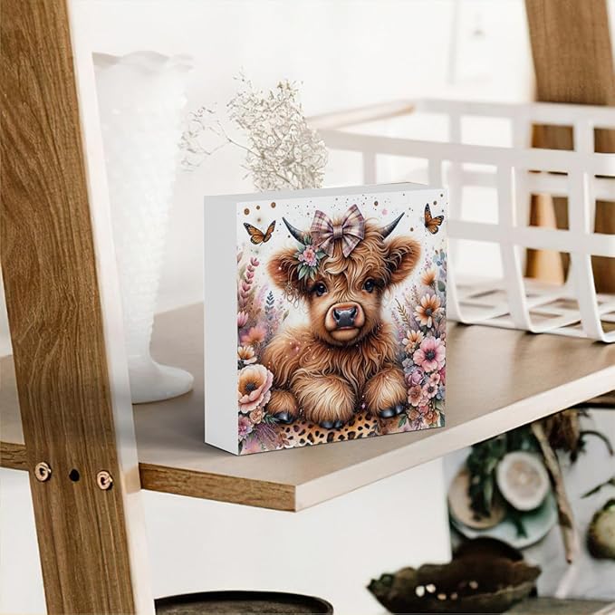 Highland Cow Baby Decor, Highland Cow Decor, Highland Cow Gifts for women, Highland Cow Nursery Decor, Gifts for Girls, Wooden Box Decor Sign for Home Farmhouse Office Living Room Table Shelf Tiered