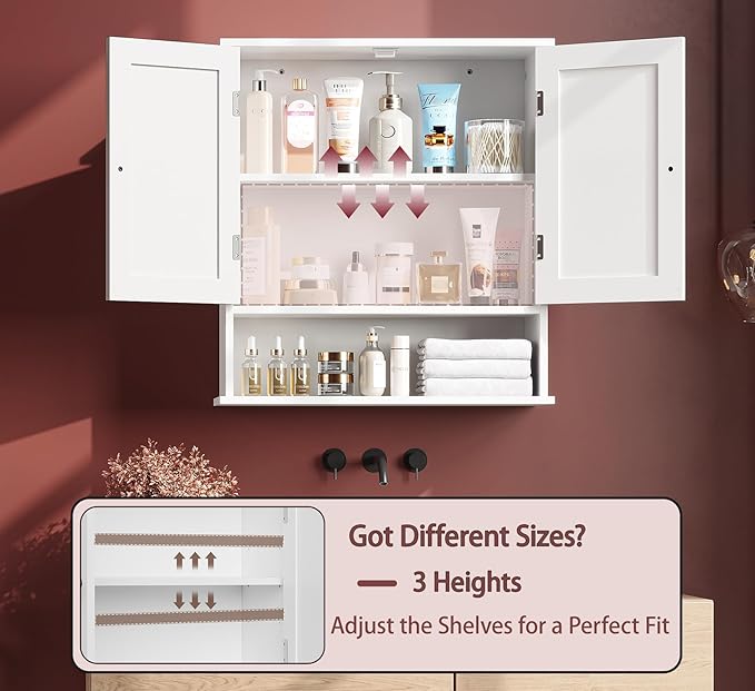 Bathroom Cabinet Wall-Mounted, White Storage Cabinets with Adjustable Shelves, Space-Saving Organizer with 2 Doors for Bathroom, Laundry, Kitchen - Moisture Resistant & Easy Install