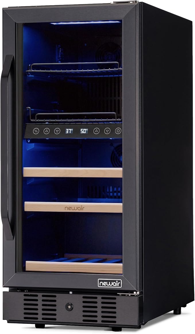 Newair 15" Wine and Beverage Refrigerator 9 Bottle and 48 Can Capacity, Beverage Cooler in Stainless Steel, Built-in or Freestanding Dual Zone Drink Fridge with Triple-Pane Glass Door