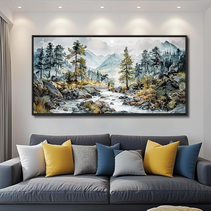 PHAOHUAXM Large Canvas Printing Artworks Wall Art For Bedroom Wall Decor For Living Room Office Home Decor Rivulet View Painting Forest Tree Landscape Watercolour Pictures Black Framed 30x60 In