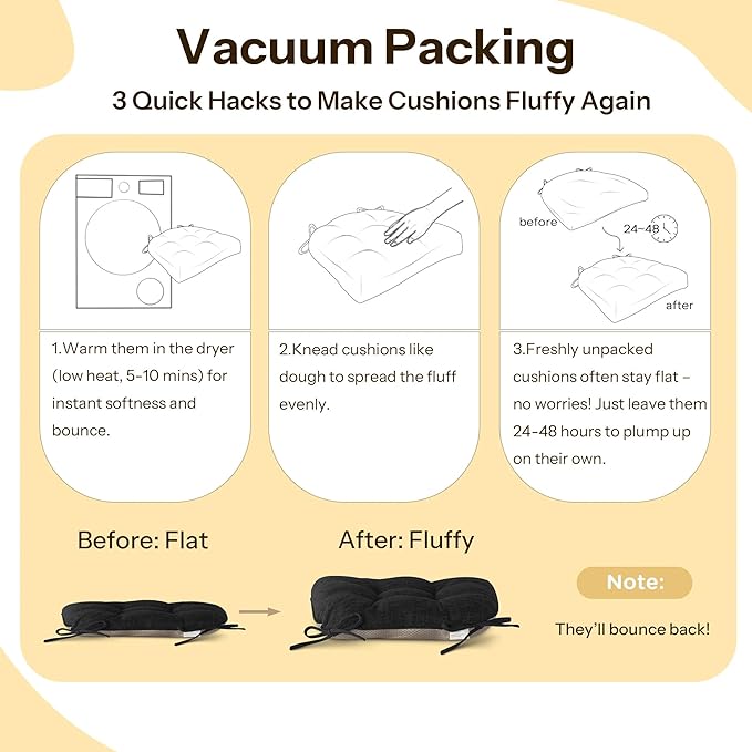 Non Slip Chair Cushions for Dining Chairs Set of 4 Kitchen Chair Cushions 18"x18"x3" Turfted Chair Pads Comfortable and Soft Seat Cushion with Ties, Black