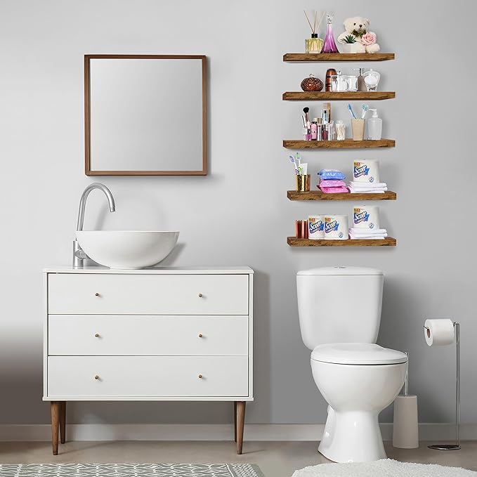 Sorbus Floating Shelves for Wall, Bathroom Shelves Wall Mounted for Kitchen, Bedroom, Living Room, Bathroom Storage, Over Toilet, Hanging Book Shelf for Wall Home Decor (Rustic Brown, 5 Pack)