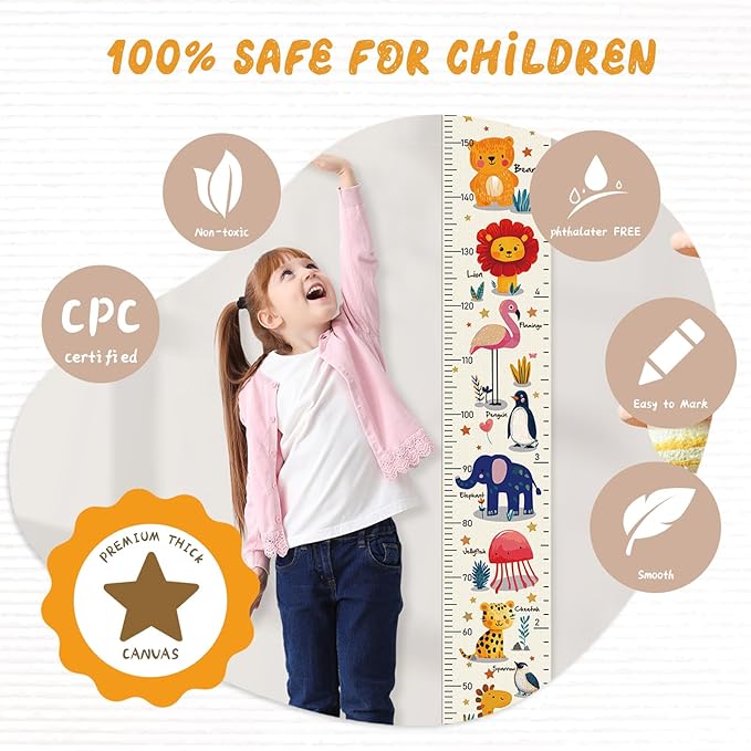 Personalized Name Growth Chart Wall Decor for Kids – Canvas Removable Height Chart Measuring Ruler 59" x 7.9" (Animals)