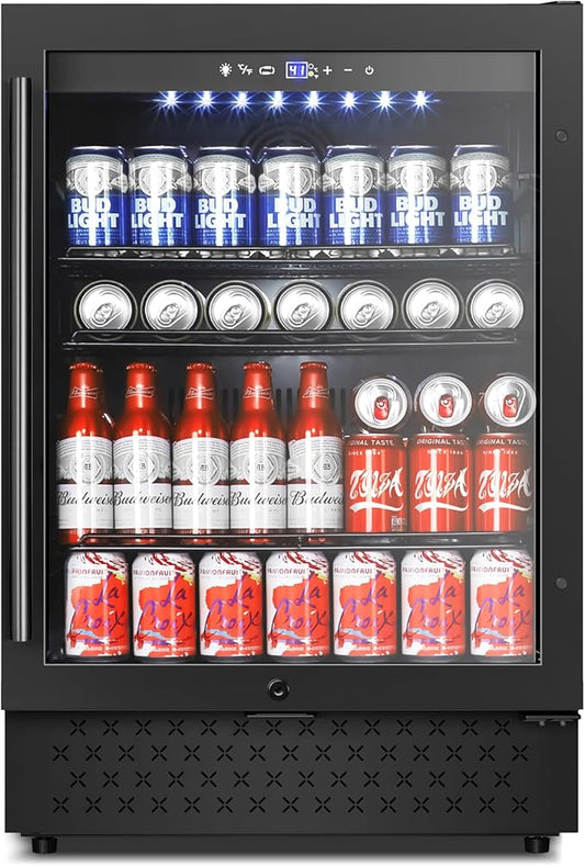 Tylza Beverage Refrigerator 24 Inch, Under Counter/Freestanding Drink Fridge, 190 Cans Beverage Cooler with Glass Door, Reversible Door, Low Noise, Quick Cooling - for Beer, Soda, ETC, Black