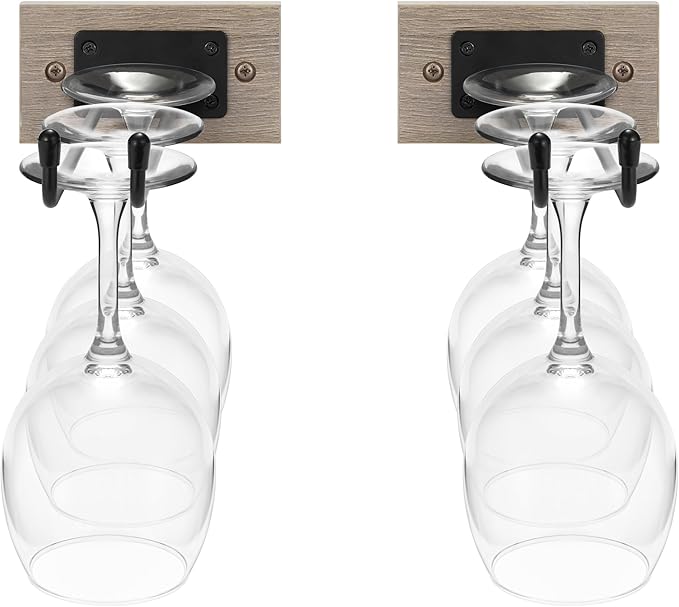 Sorbus Wall Mounted Wine Glass Stemware Rack Set - Wire & Wood Wine Rack Wall Mounted for Wine Glasses, Champagne Glasses, and Drinkware - Complete Your Home Bar & Kitchen Storage, Grey